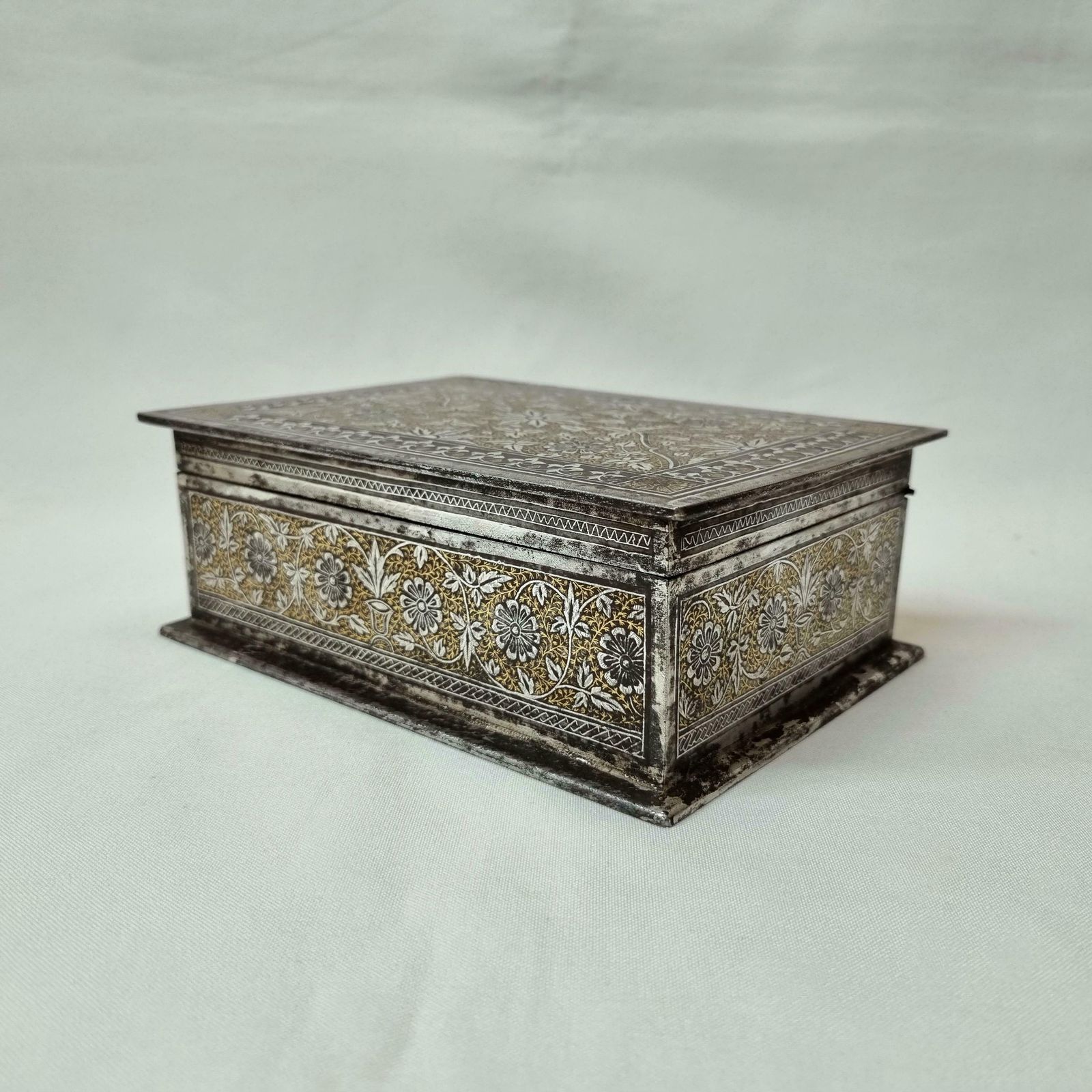 A Beautiful Antique Indian Koftgari Ware Oxidised Steel Box Finely And Profusely Inlaid With Gold And Silver, From The Punjab Region. photo for sale