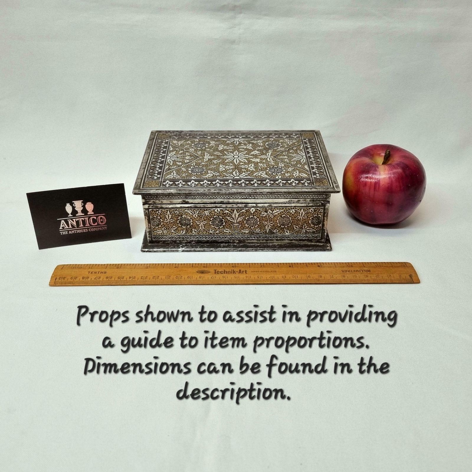 photo for sale A Beautiful Antique Indian Koftgari Ware Oxidised Steel Box Finely And Profusely Inlaid With Gold And Silver, From The Punjab Region.
