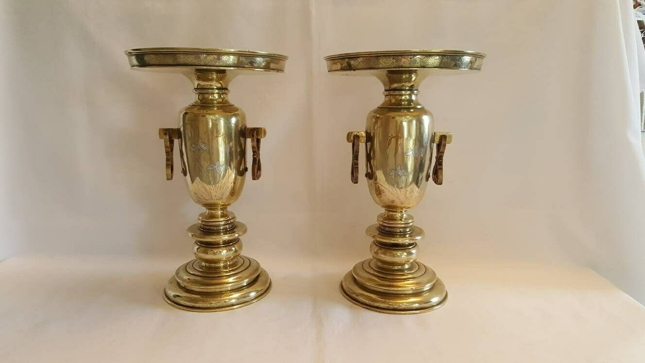 Antique Brass Vases, A Heavy Pair Of Japanese Brass Usubata Vases, Inlaid With Silver, Copper & Gold For Ikebana Flower Arranging. photo furniture