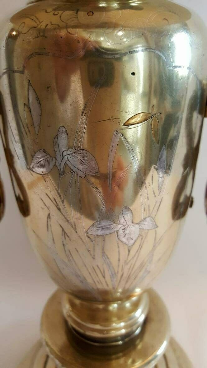 Antique Brass Vases, A Heavy Pair Of Japanese Brass Usubata Vases, Inlaid With Silver, Copper & Gold For Ikebana Flower Arranging. photo buy
