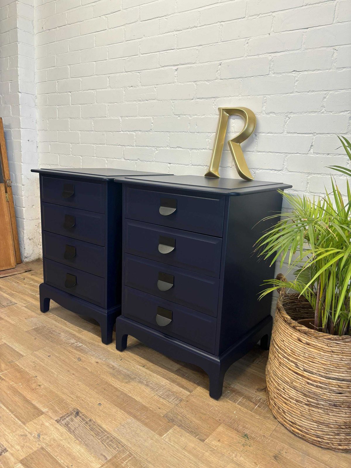 Stag Minstrel Pair (2) Of Bedsides Nightstands With Drawers Painted Dock Blue By Little Greene photo 665.0