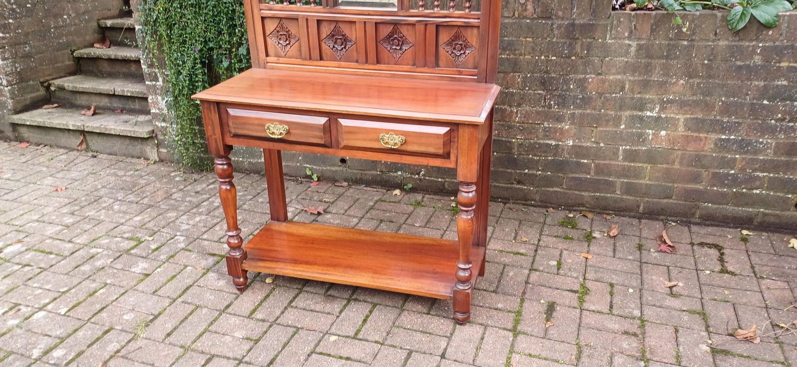 Vintage Victorian Style Solid Teak Hall Stand Entryway Stand Side Table Brass Features photo for sale