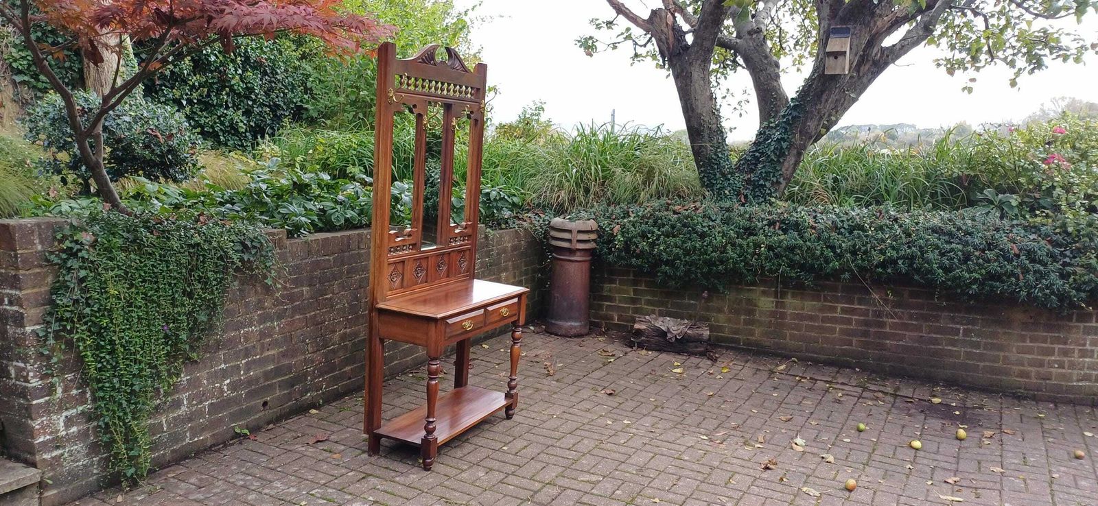 Vintage Victorian Style Solid Teak Hall Stand Entryway Stand Side Table Brass Features photo vintage