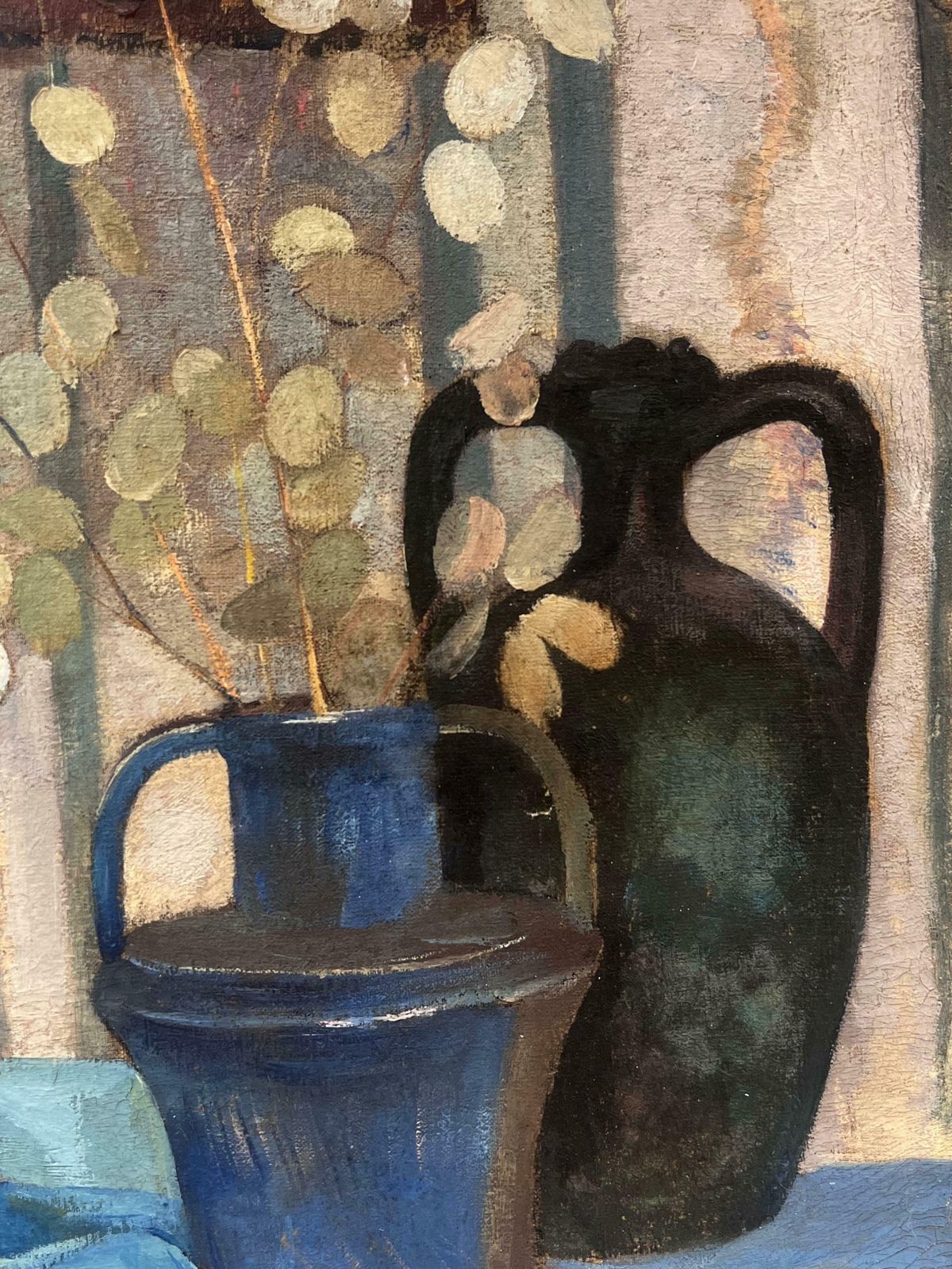 French 1930's1930's French Modernist Oil Painting Lunaria Honesty Plants Still Life Blue Jug1930's photo for sale