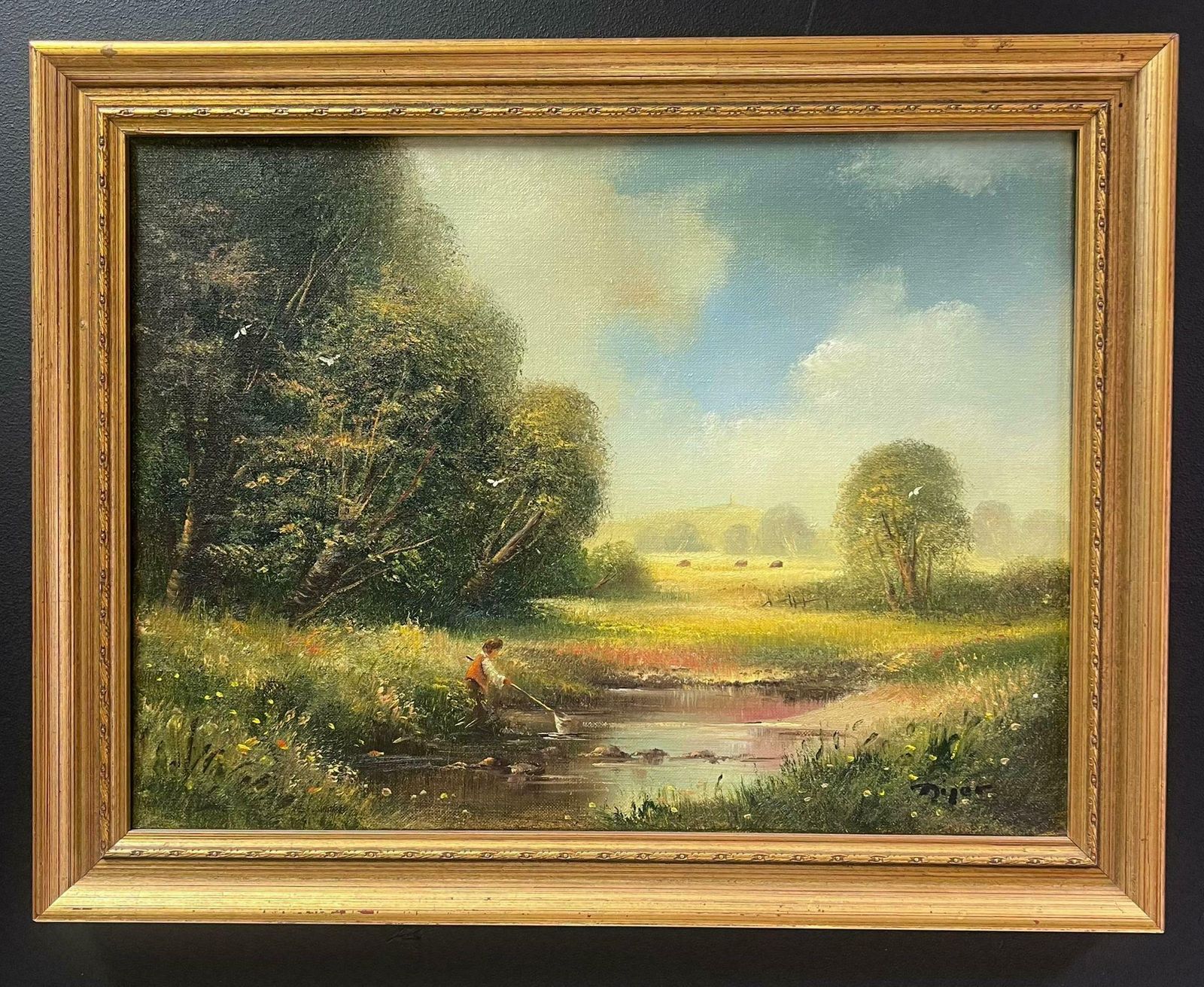 Ted Dyersigned English Oil Summer Meadows & Stream With Boy Fishing With Netc.2000 photo for sale