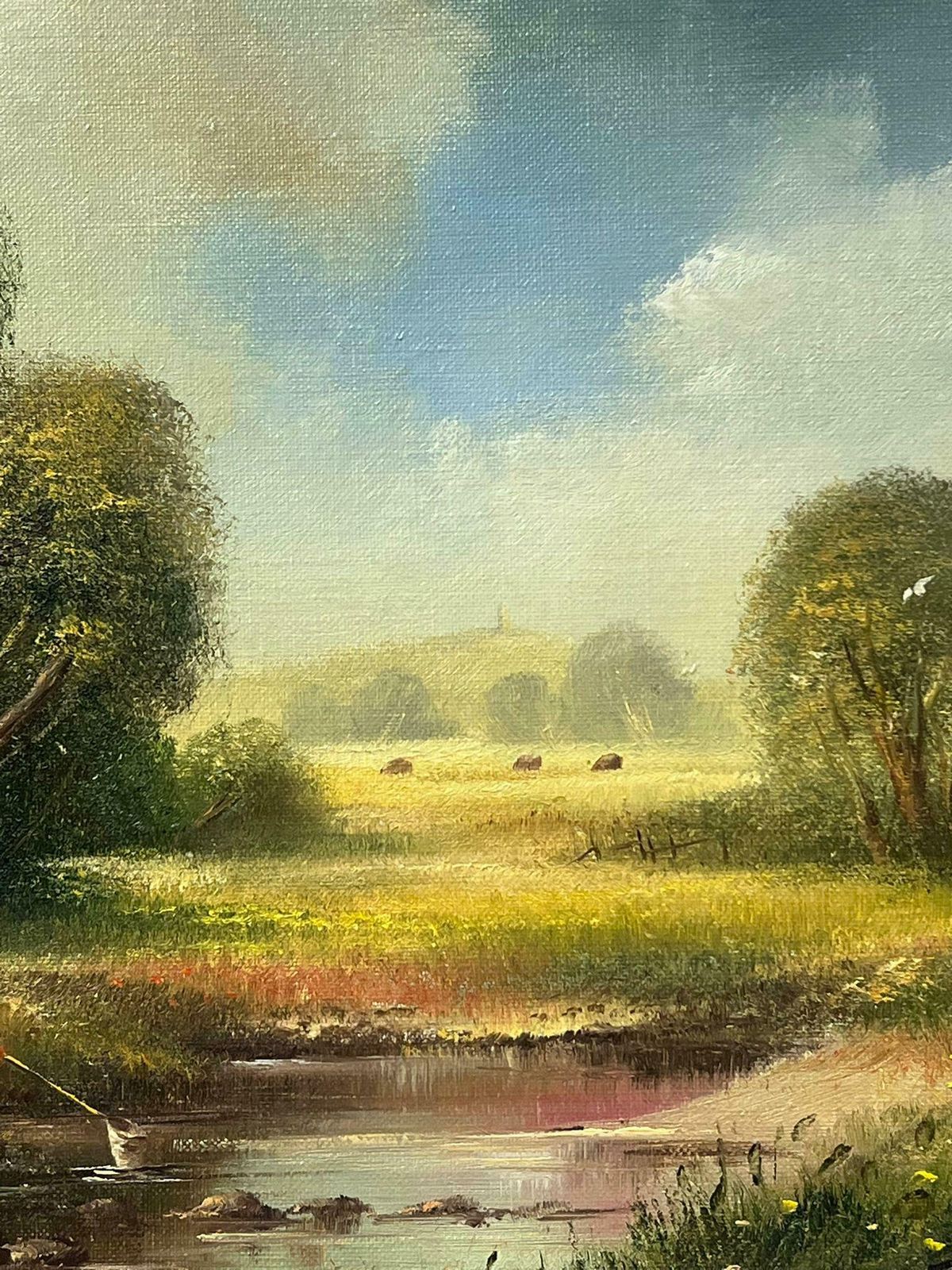 Ted Dyersigned English Oil Summer Meadows & Stream With Boy Fishing With Netc.2000 photo buy