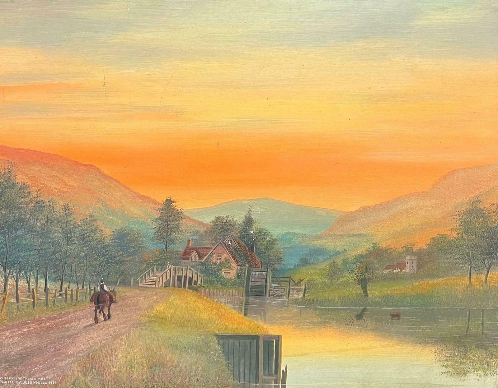 Obed Hodgesfigure Riding Through Orange Sunset Over Valley Antique English Oil Painting1931