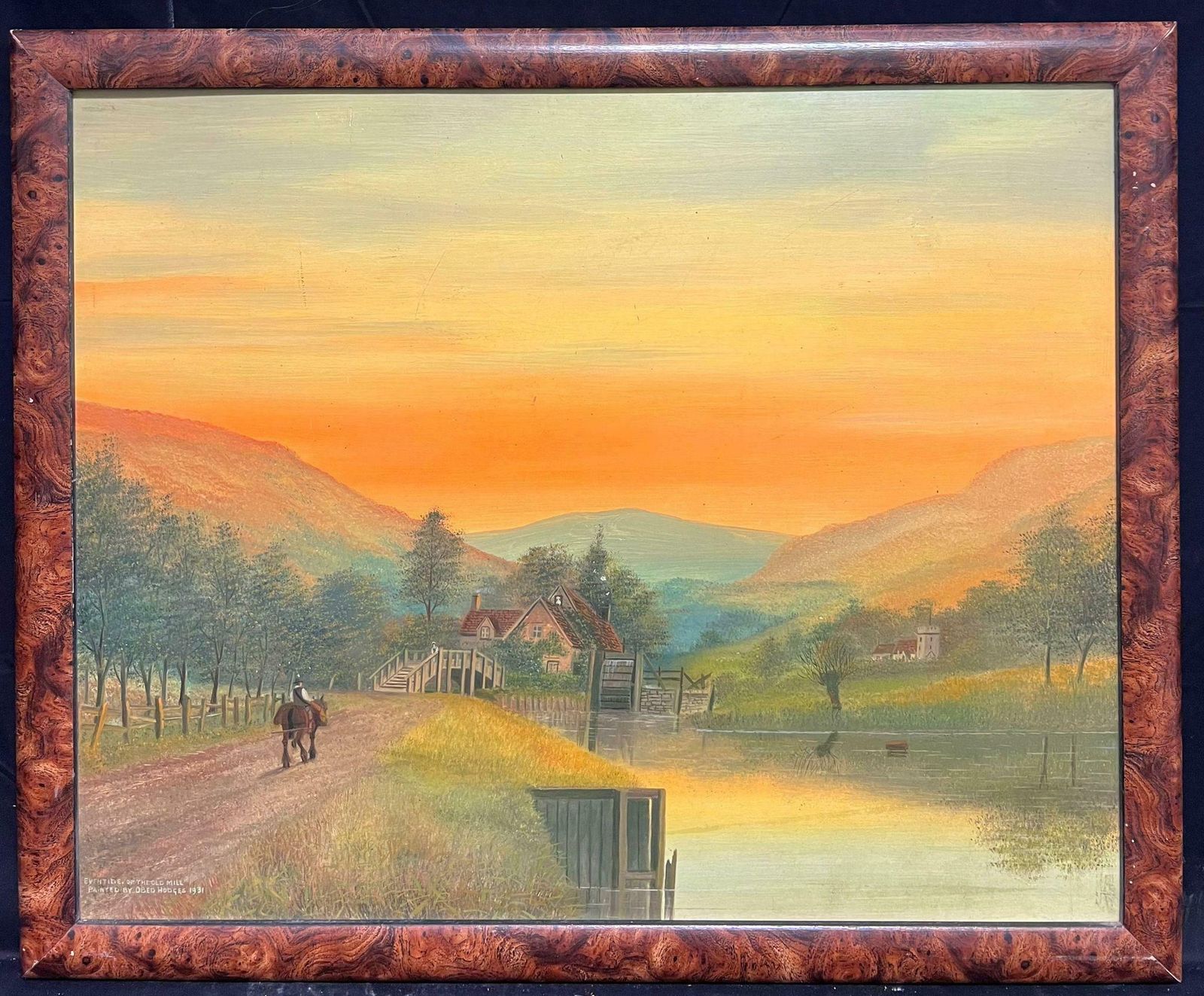 Obed Hodgesfigure Riding Through Orange Sunset Over Valley Antique English Oil Painting1931 photo furniture