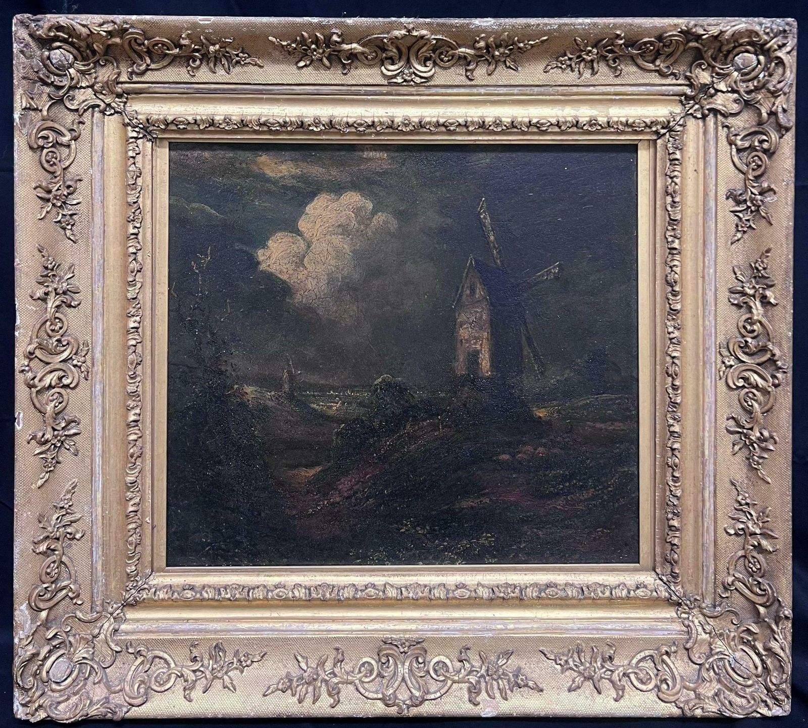 Norwich Schoolantique English 19th Century Oil Windmill Under Night Sky Fluffy Clouds Framed