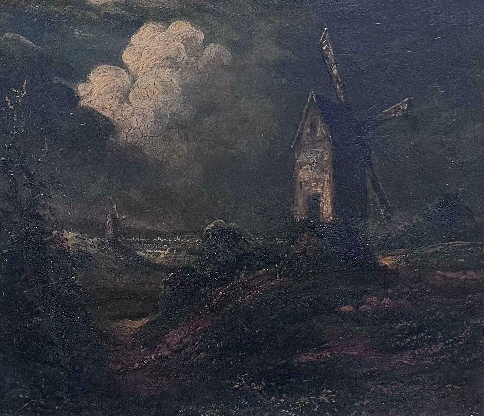Norwich Schoolantique English 19th Century Oil Windmill Under Night Sky Fluffy Clouds Framed photo furniture
