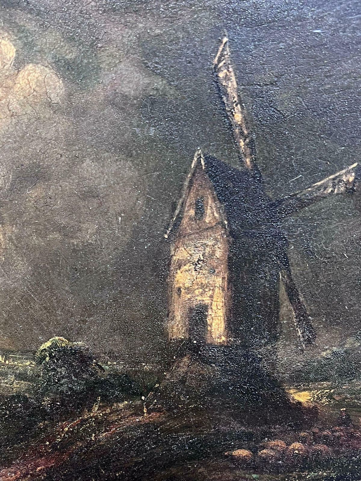 Norwich Schoolantique English 19th Century Oil Windmill Under Night Sky Fluffy Clouds Framed photo vinterior