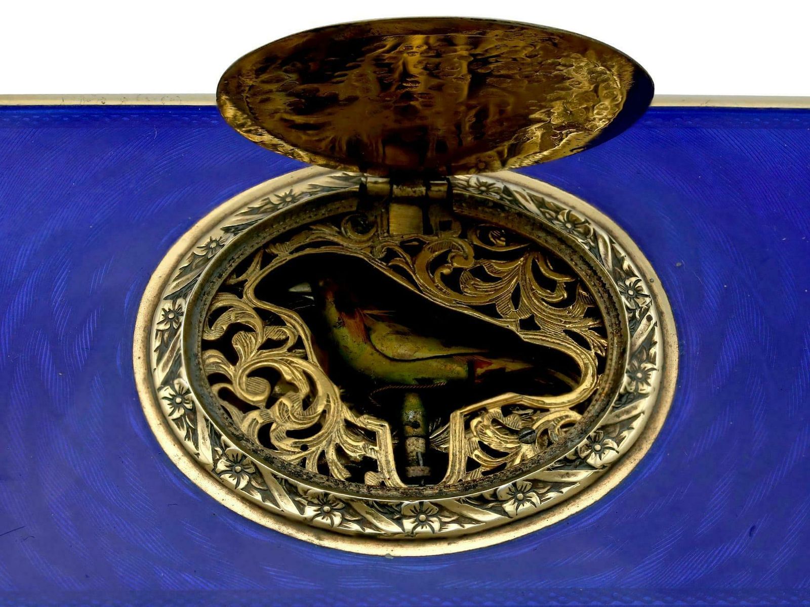 photo for sale Antique European Sterling Silver And Enamel Singing Bird Box Circa 1900