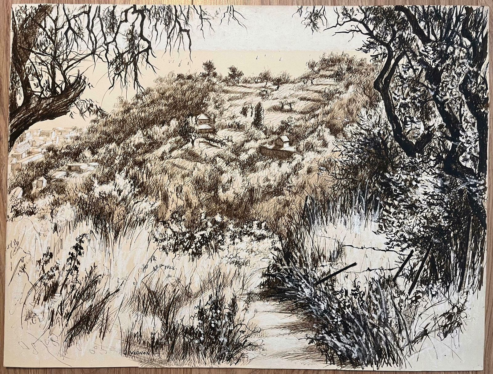 Josine Vignonmid Century French Drawing Hillside Landscape With Trees And Distant Houses1950's photo furniture