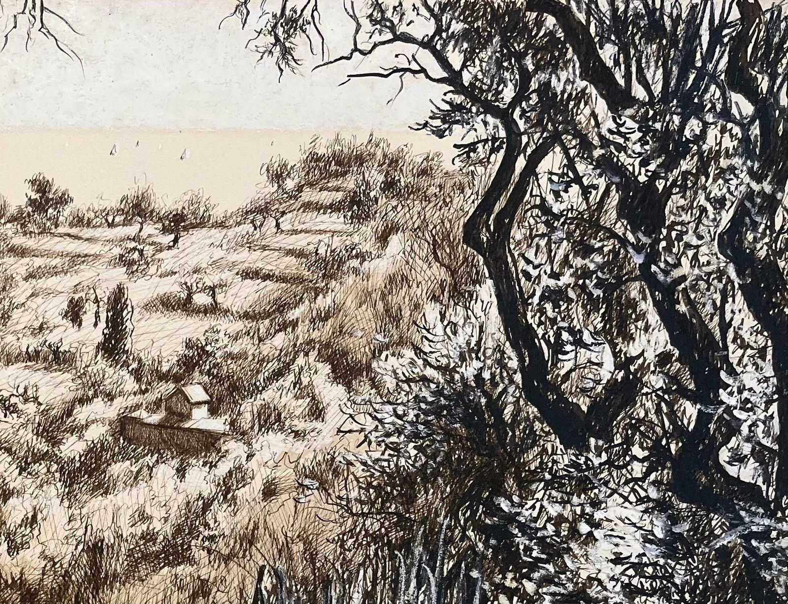 Josine Vignonmid Century French Drawing Hillside Landscape With Trees And Distant Houses1950's photo Art