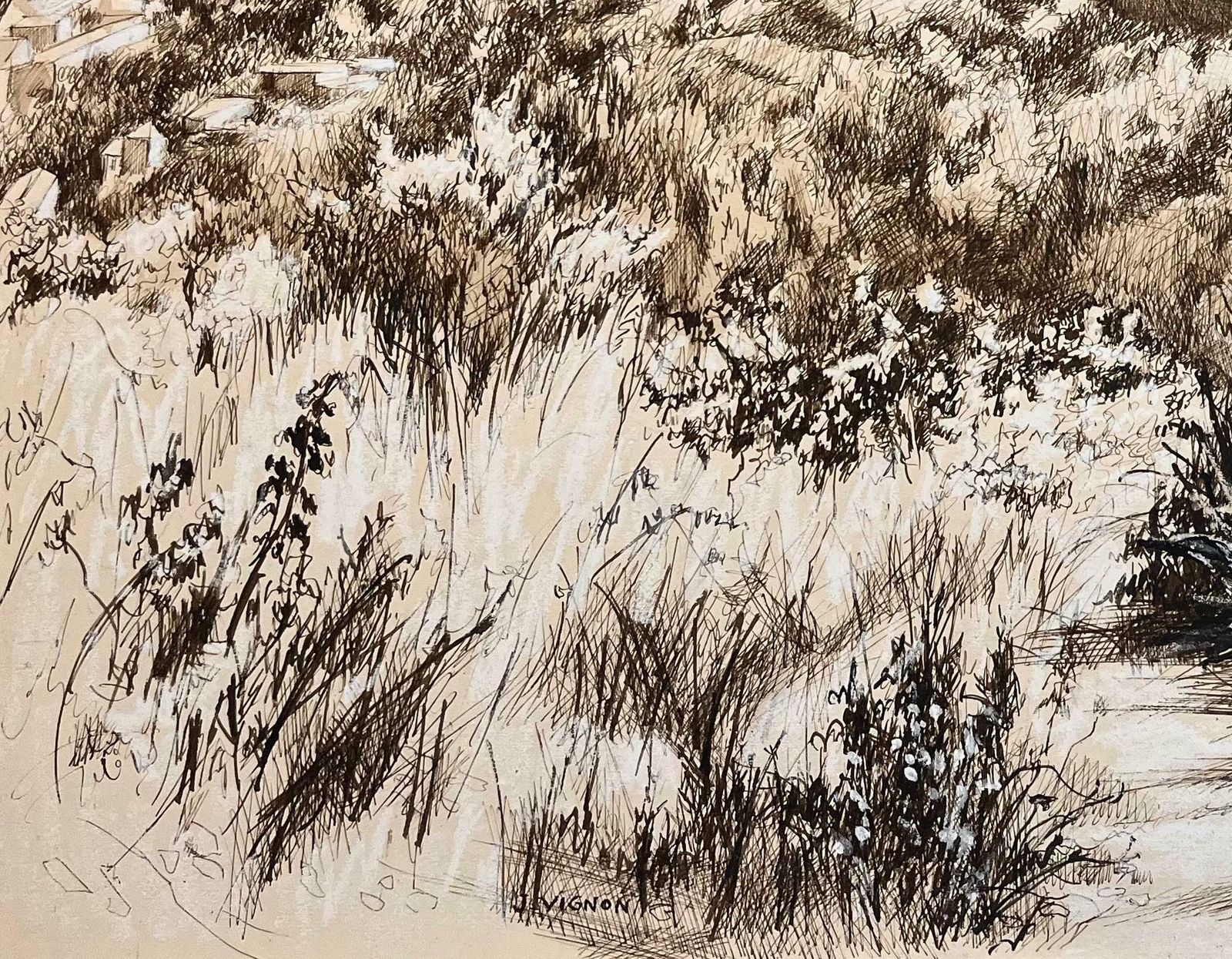 Josine Vignonmid Century French Drawing Hillside Landscape With Trees And Distant Houses1950's photo vinterior