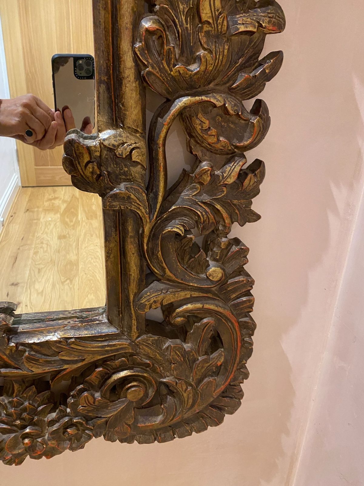 Antique Ornate Gilt Wall Mirror, Floral Carvings photo furniture
