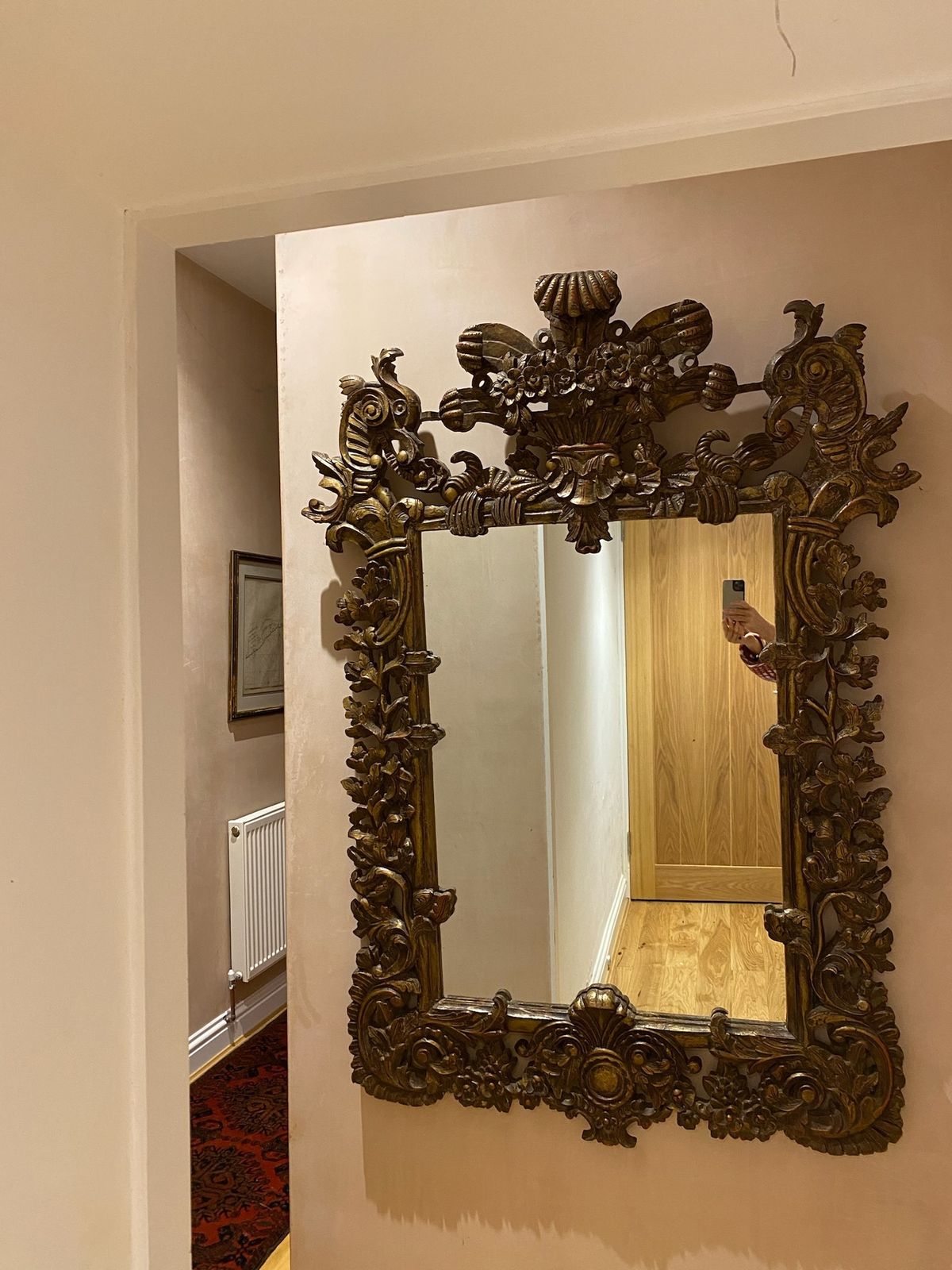 Antique Ornate Gilt Wall Mirror, Floral Carvings photo vinterior