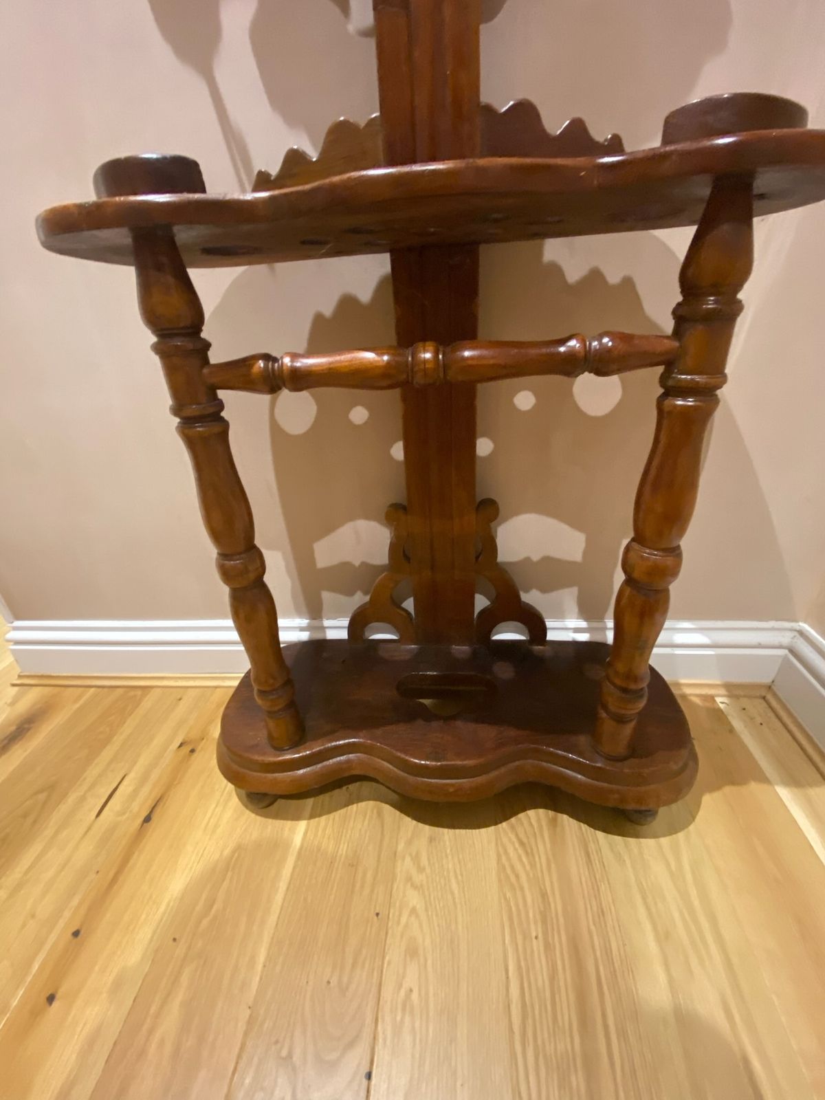 Antique Wooden Hall Stand With Hooks And Umbrella Holder photo for sale