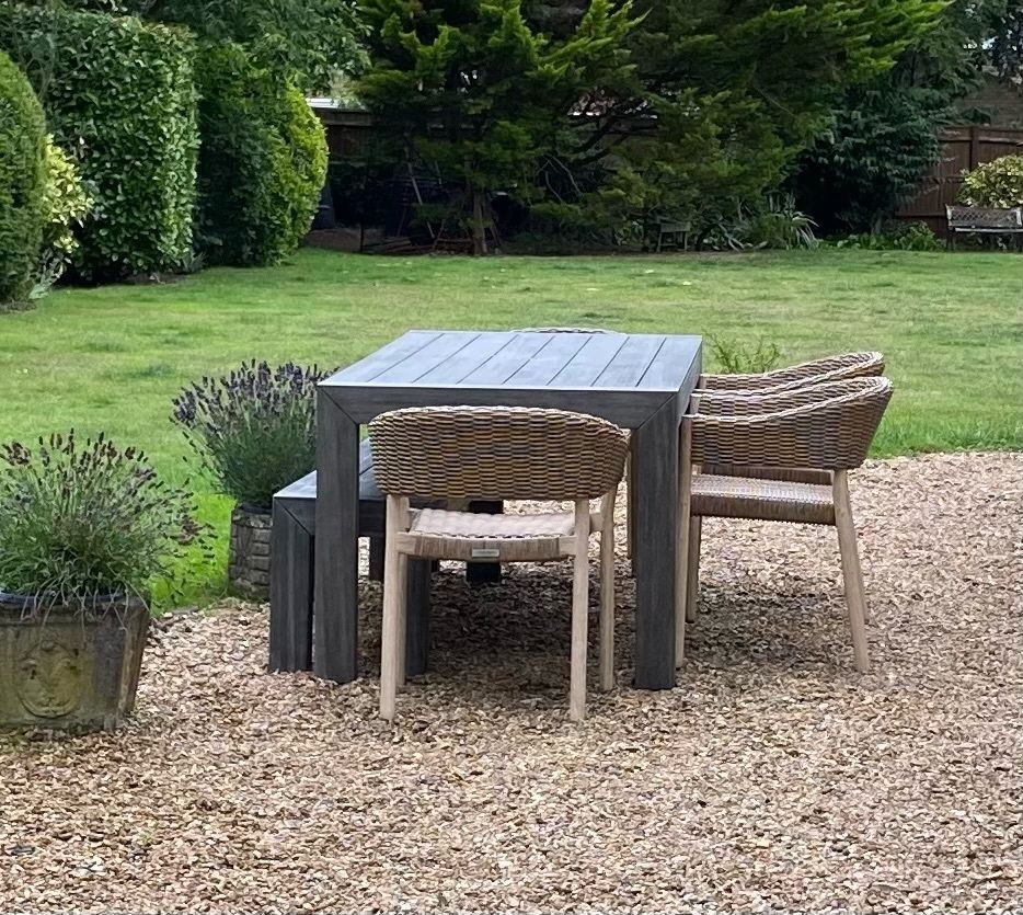 Outdoor Dining Set With Wooden Table And Wicker Chairs