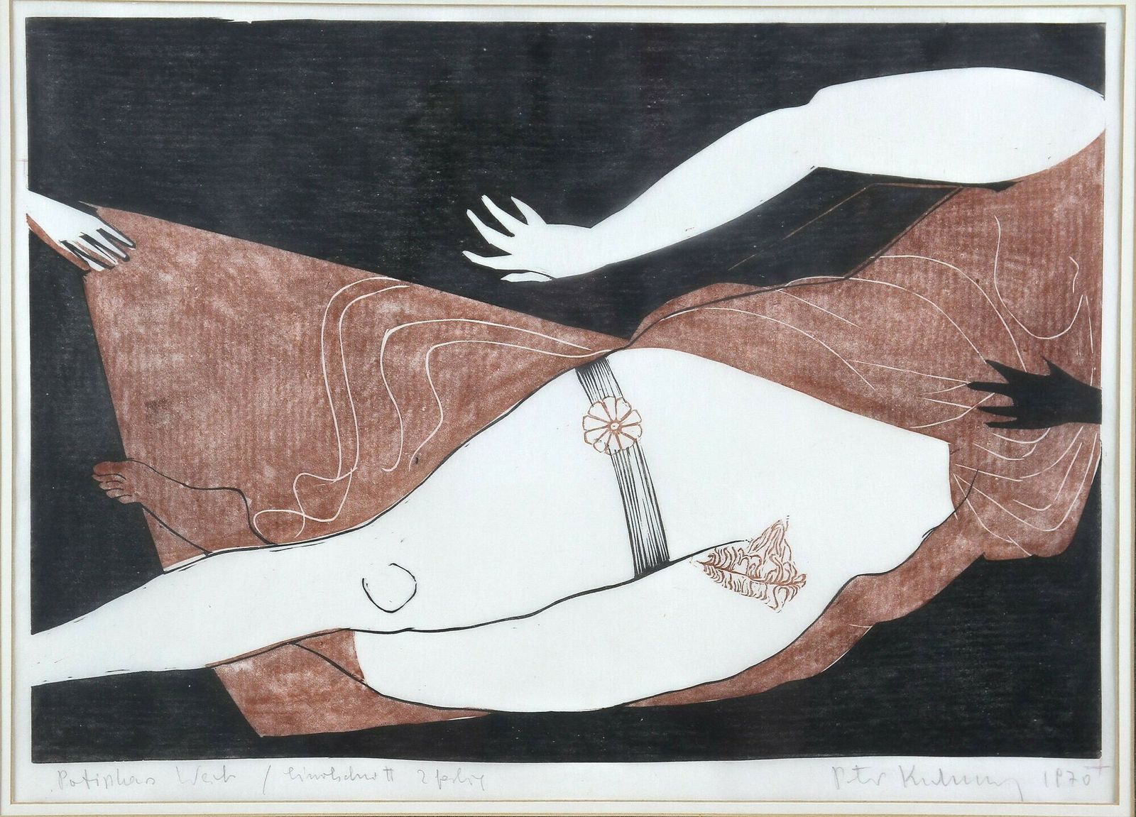20th Century Linocut Artwork "Patinkas Work"   Two Colour, Signed Peter K., 1970 photo furniture