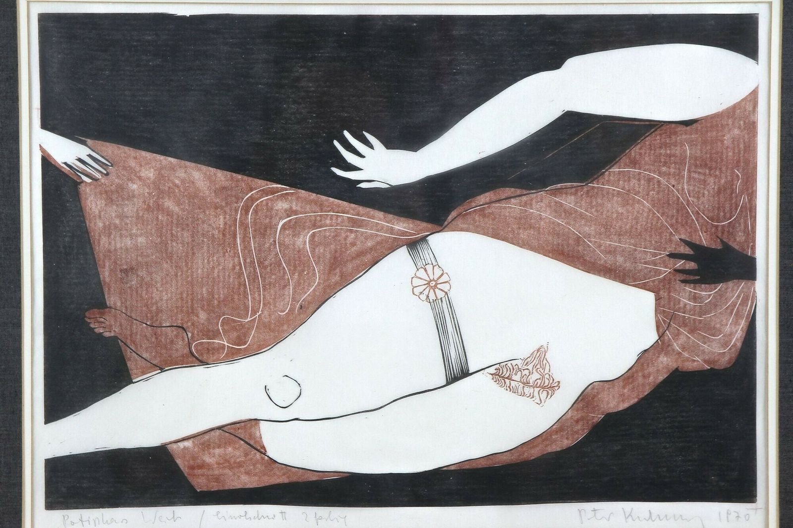 Art 20th Century Linocut Artwork "Patinkas Work"   Two Colour, Signed Peter K., 1970 photo