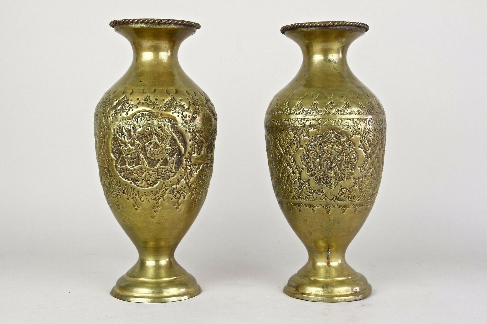 Pair Of 19th Century Biedermeier Chased Brass Vases, Austria Ca. 1860 photo vintage