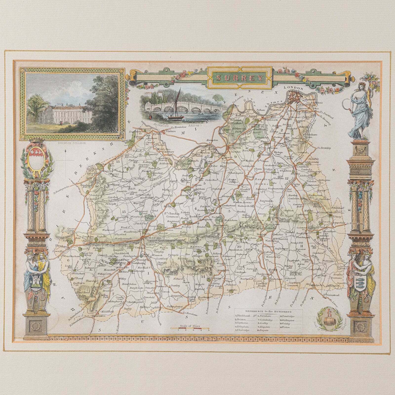 Antique County Map, Surrey, English, Framed Lithograph, Cartography, Victorian photo Art