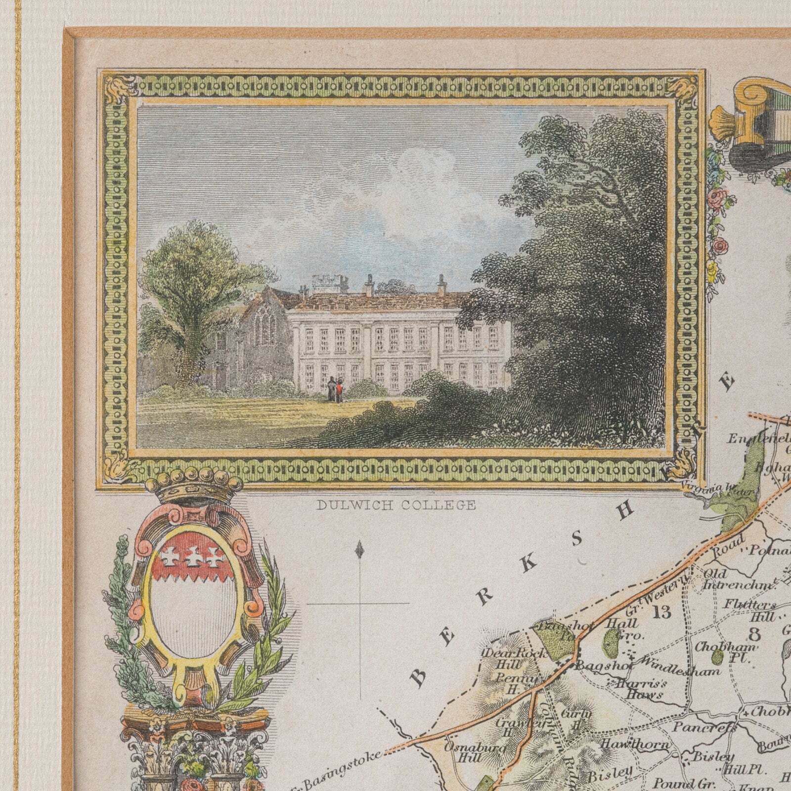 Antique County Map, Surrey, English, Framed Lithograph, Cartography, Victorian photo vinterior