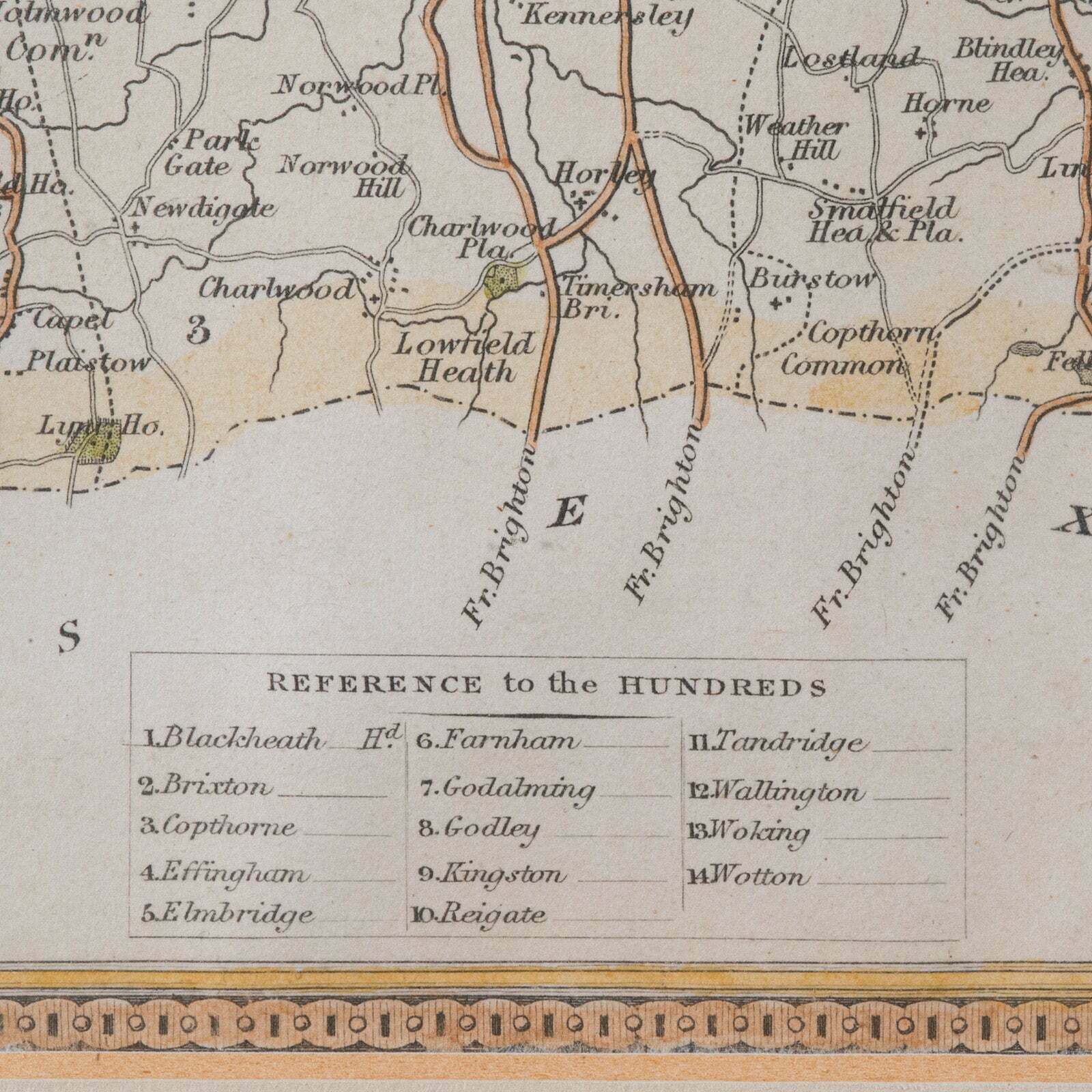 Antique County Map, Surrey, English, Framed Lithograph, Cartography, Victorian photo vintage