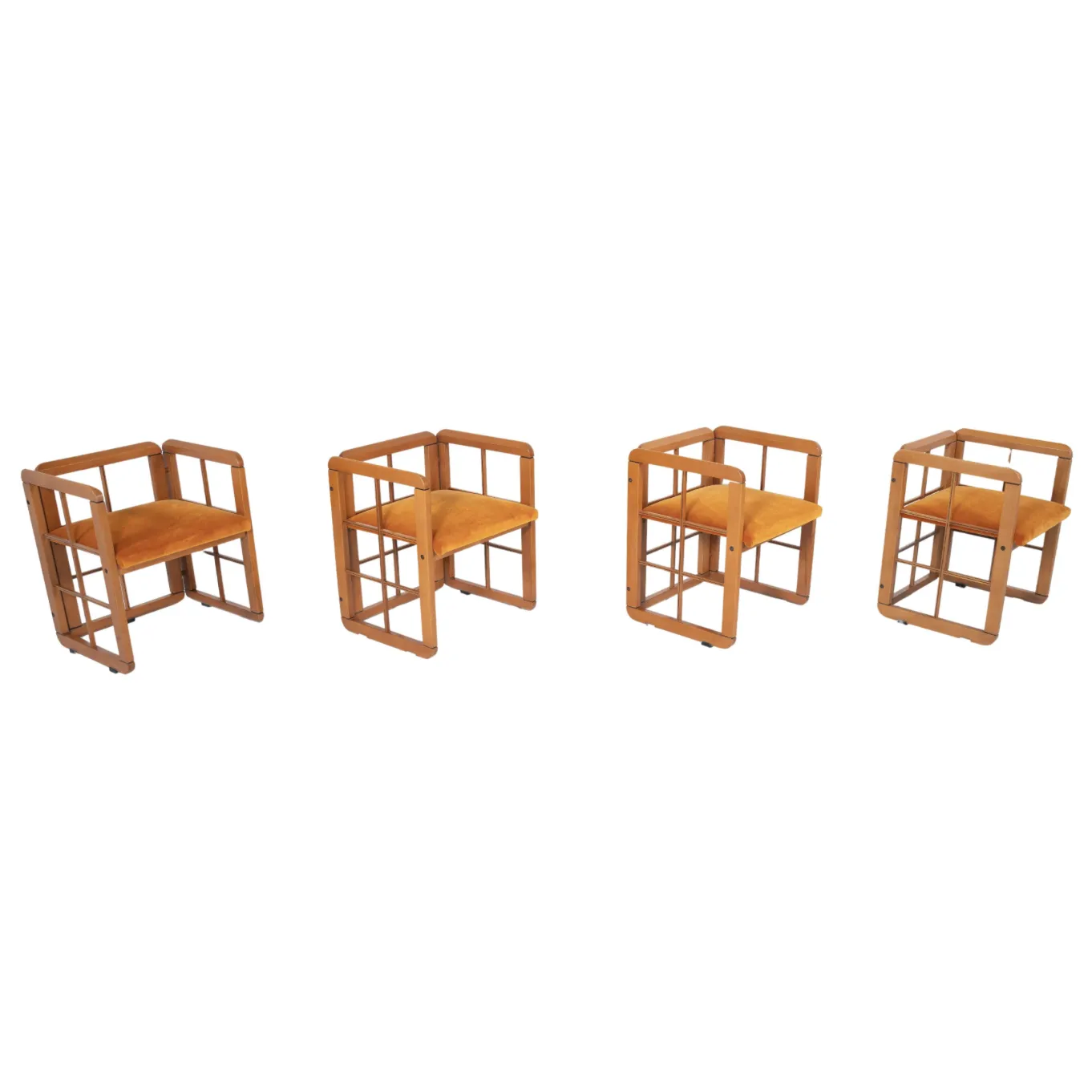 Mid Century Modern Set Of 4 Armchairs By Franco Poldarreti Caccia Alla Volpe, Italy, 1980s