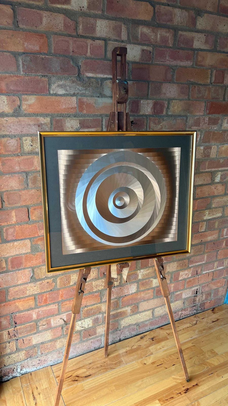 Mid Century Modern Abstract Kinetic Optical Silver And Gold Foil Artwork Picture Depicting Eccentric Circles