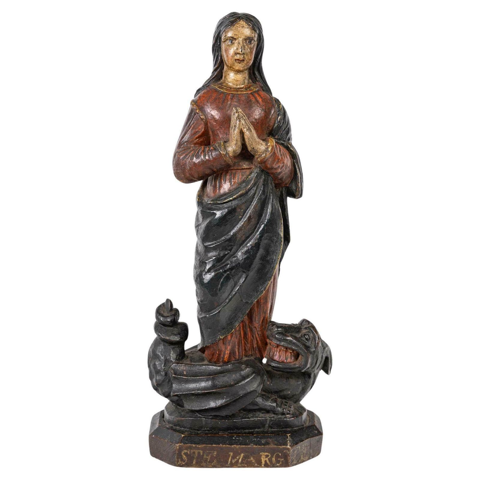 Sculpture In Polychrome Wood Representing Saint Marguerite, 18th Century.