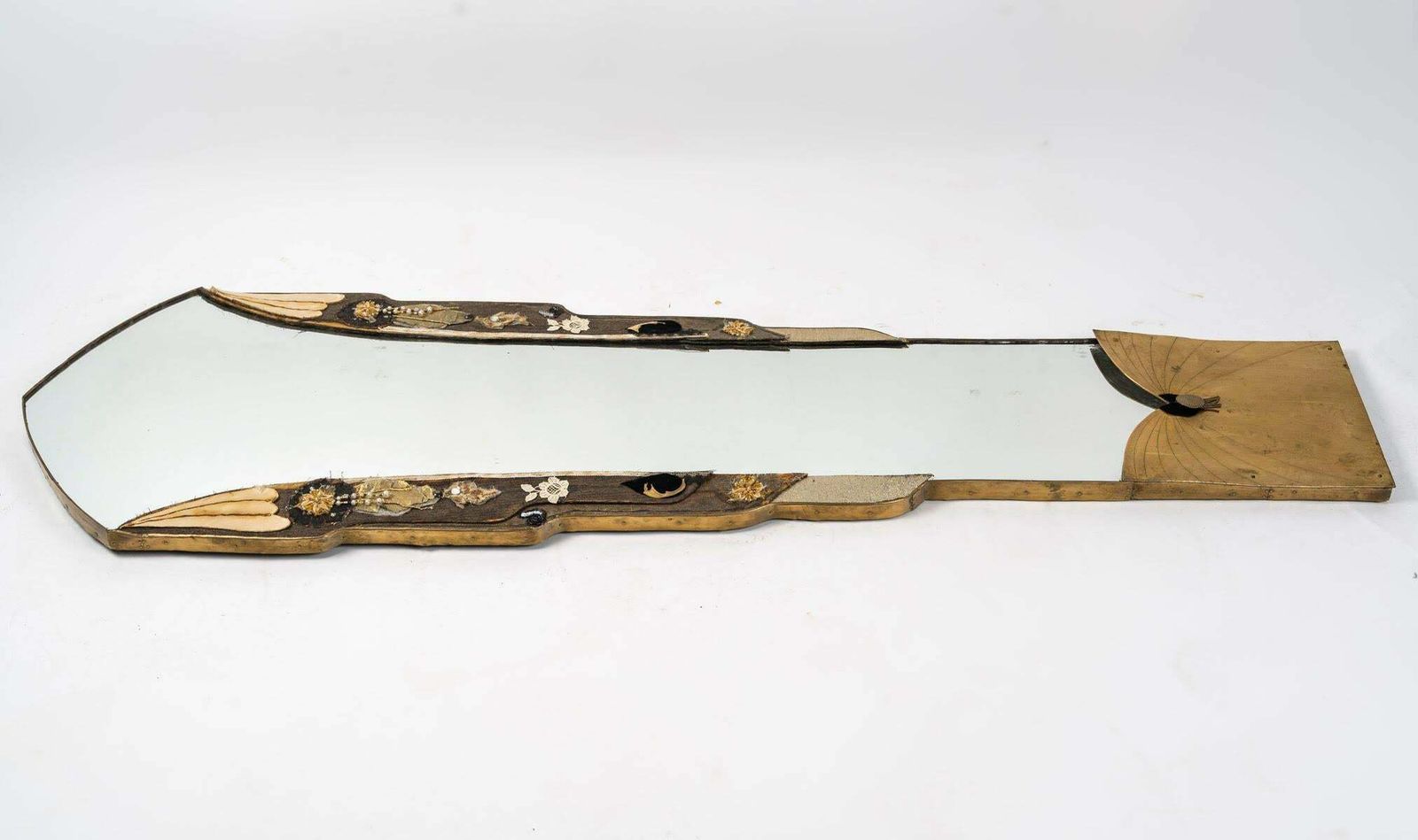Art Nouveau Period Mirror In Wood Covered With Antique Trimmings And Embroidery. photo furniture