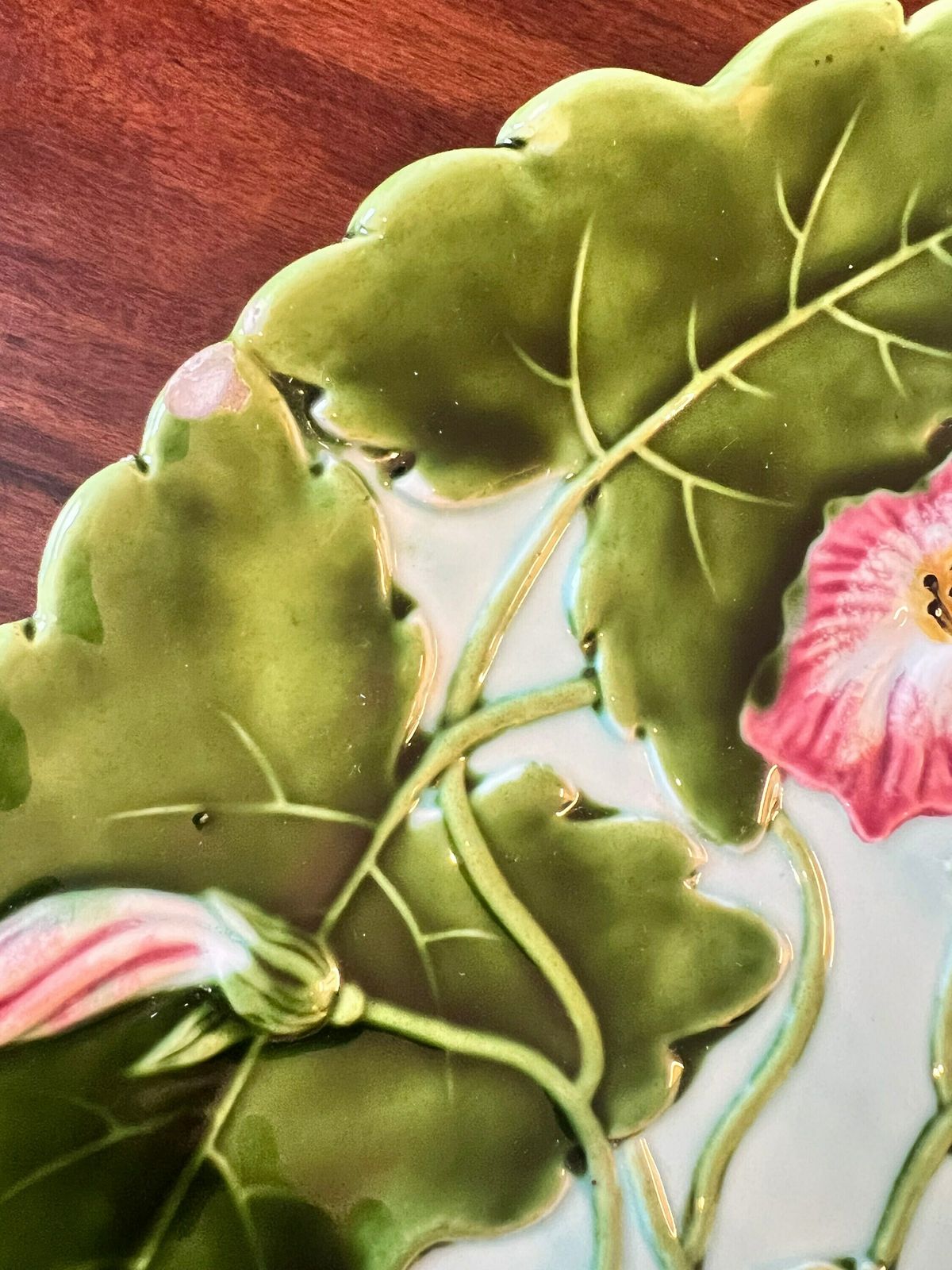 Large Art Nouveau Wall Plate, Circa 1900, Ceramic, Antique Morning Glory Majolica Large Wall Art Plate photo Art