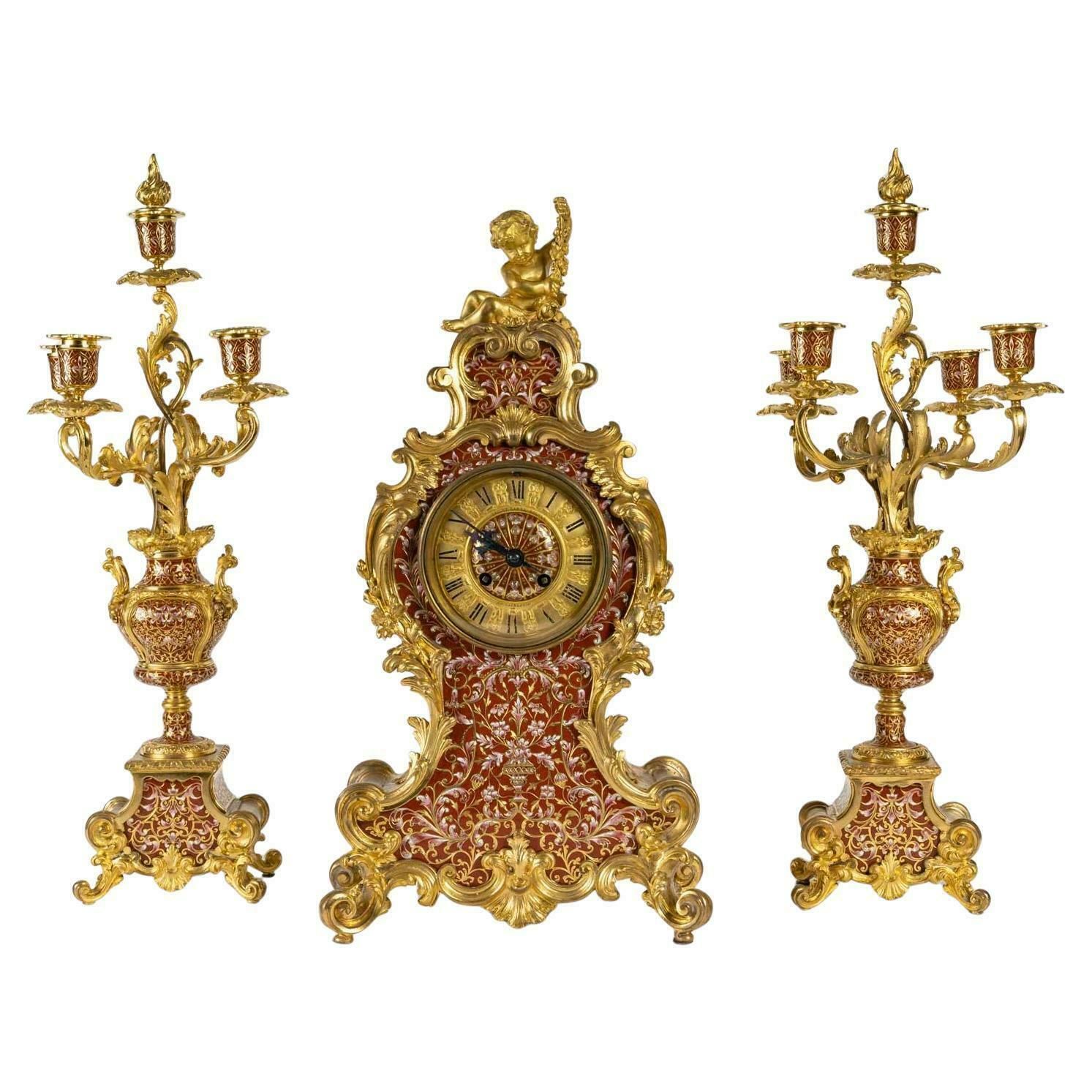 Large Napoleon III Period Gilt Bronze Mantel Set,  19th Century