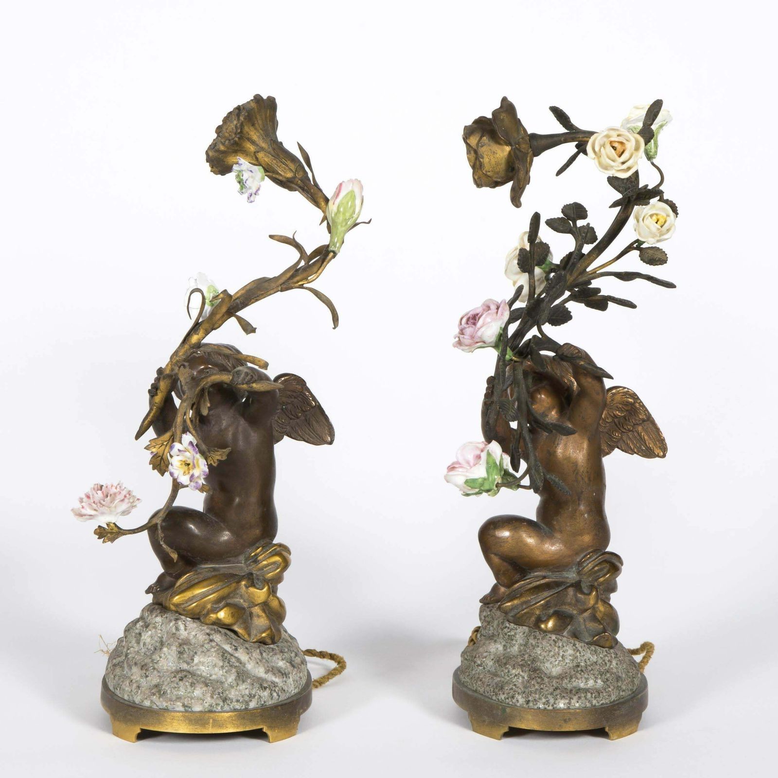 Pair Of Table Lamps In Patinated Bronze, Porcelain And Granite,  19th Century. photo for sale