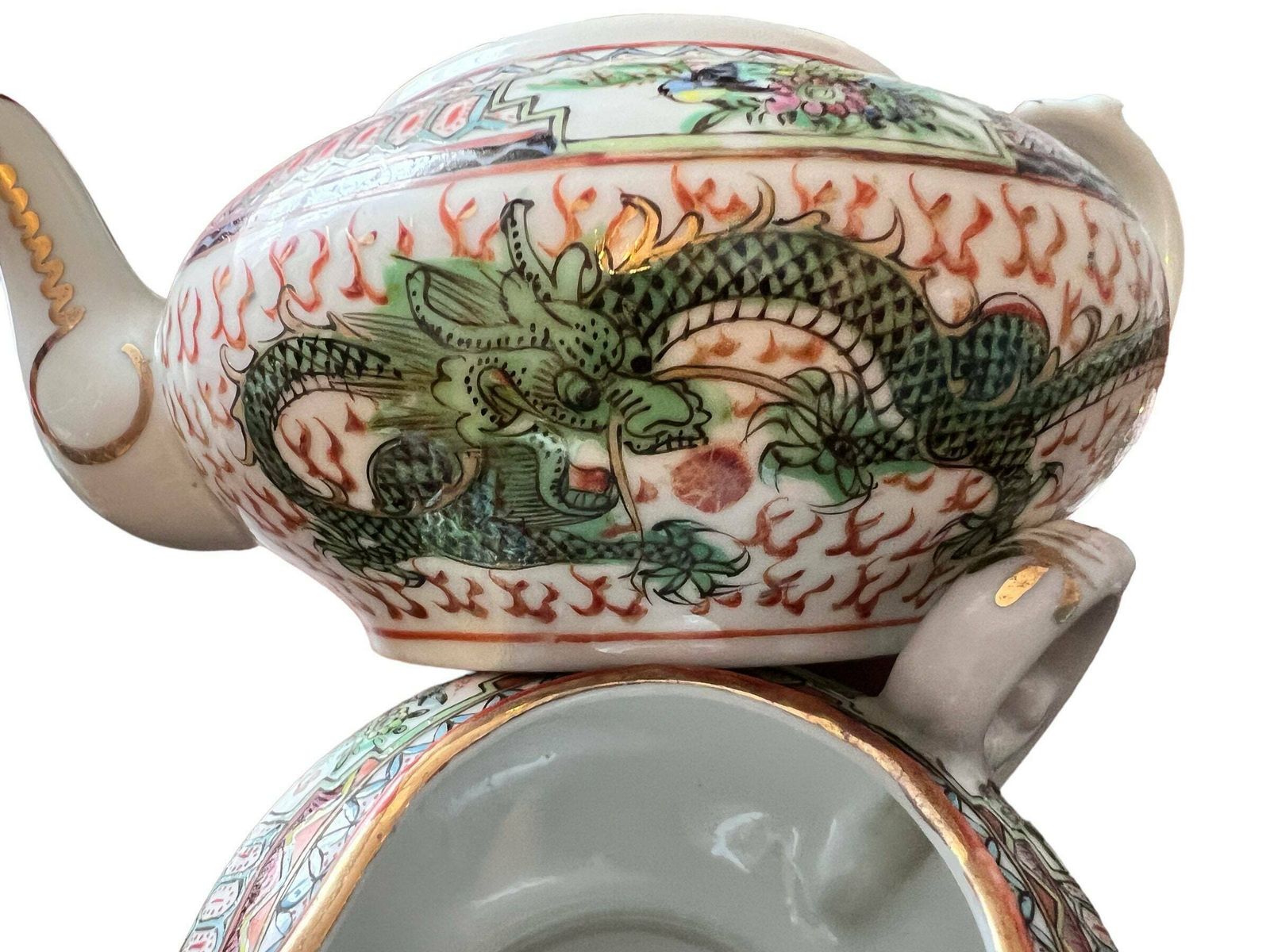 Chinese Famille Rose Porcelain Dragon Teapot Set photo for sale