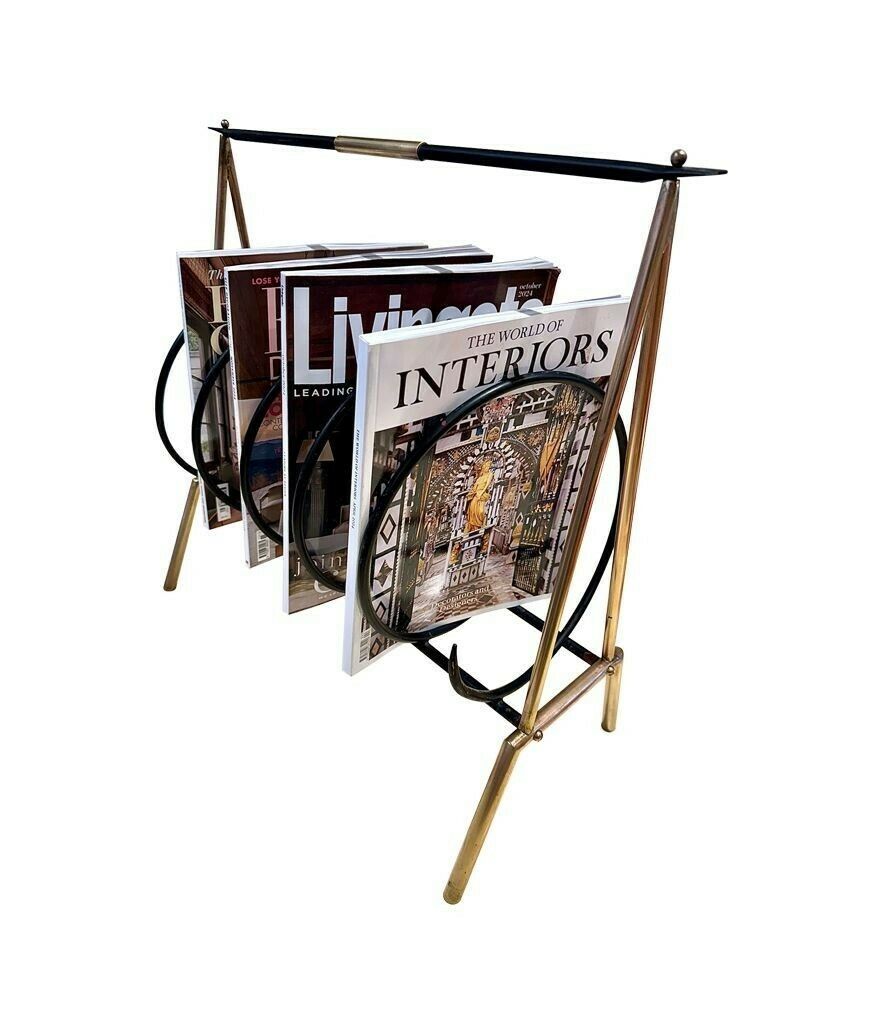 595.0 An Unusual Italian 1950s Brass And Black Lacquered Spiral Magazine Rack photo