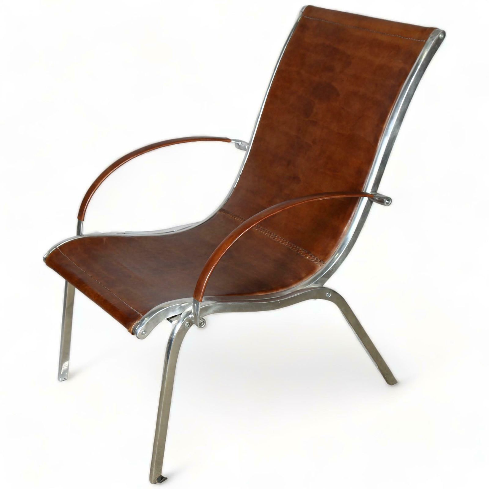 A Mid Century Cognac Brown Leather And Chrome Lounge Armchair