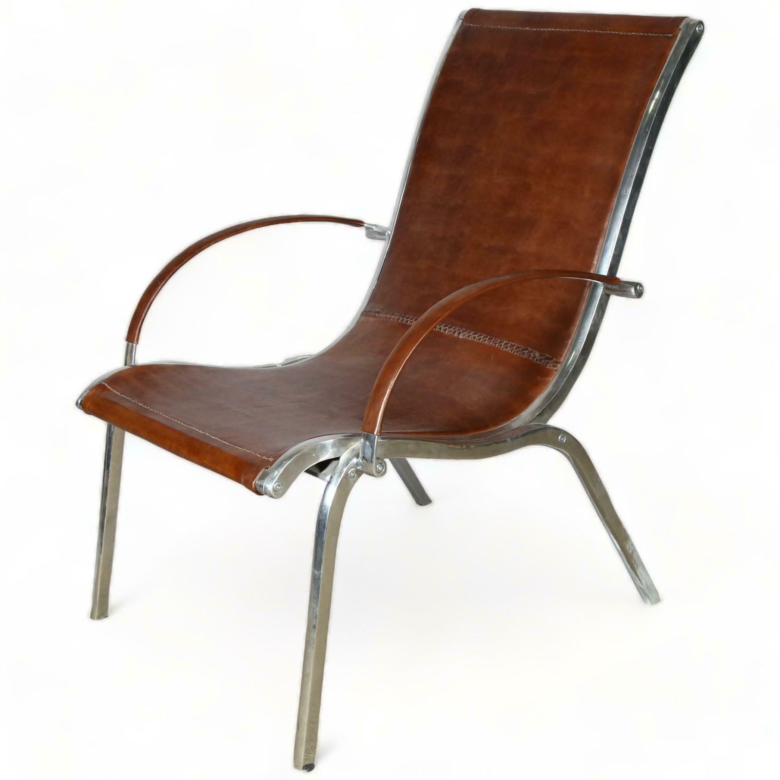 A Mid Century Cognac Brown Leather And Chrome Lounge Armchair photo for sale