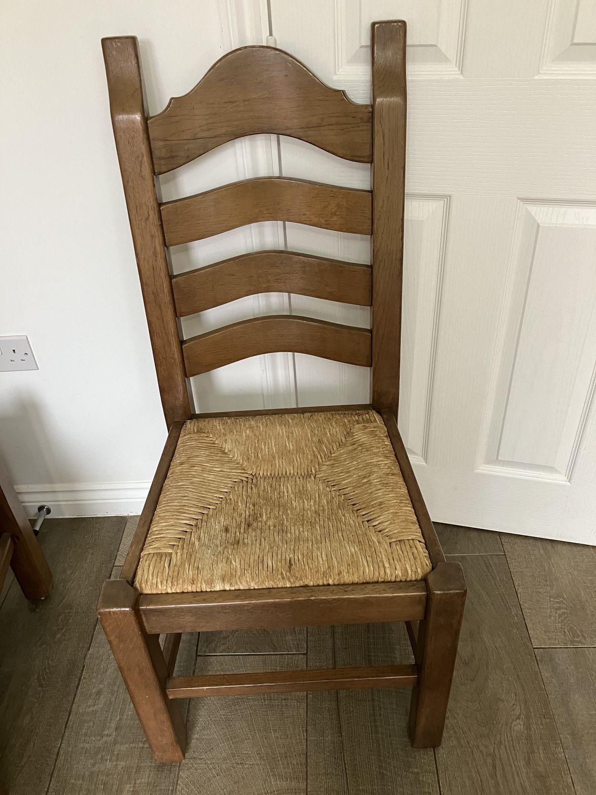 Set Of 6 Vintage Solid Oak French Style Ladder Back Dining Chairs With Rush Seats photo furniture