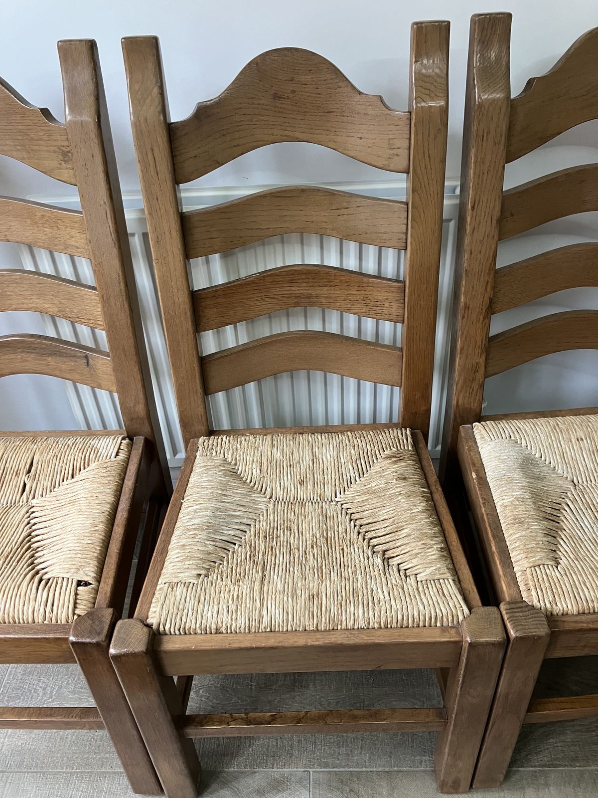 Set Of 6 Vintage Solid Oak French Style Ladder Back Dining Chairs With Rush Seats photo 600.0