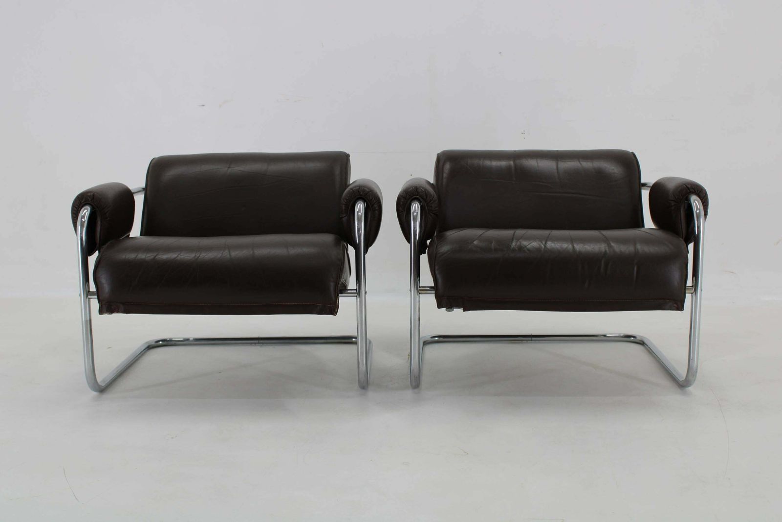 1950s Pair Of Tubular Armchairs In Leather, Czechoslovakia photo Furniture