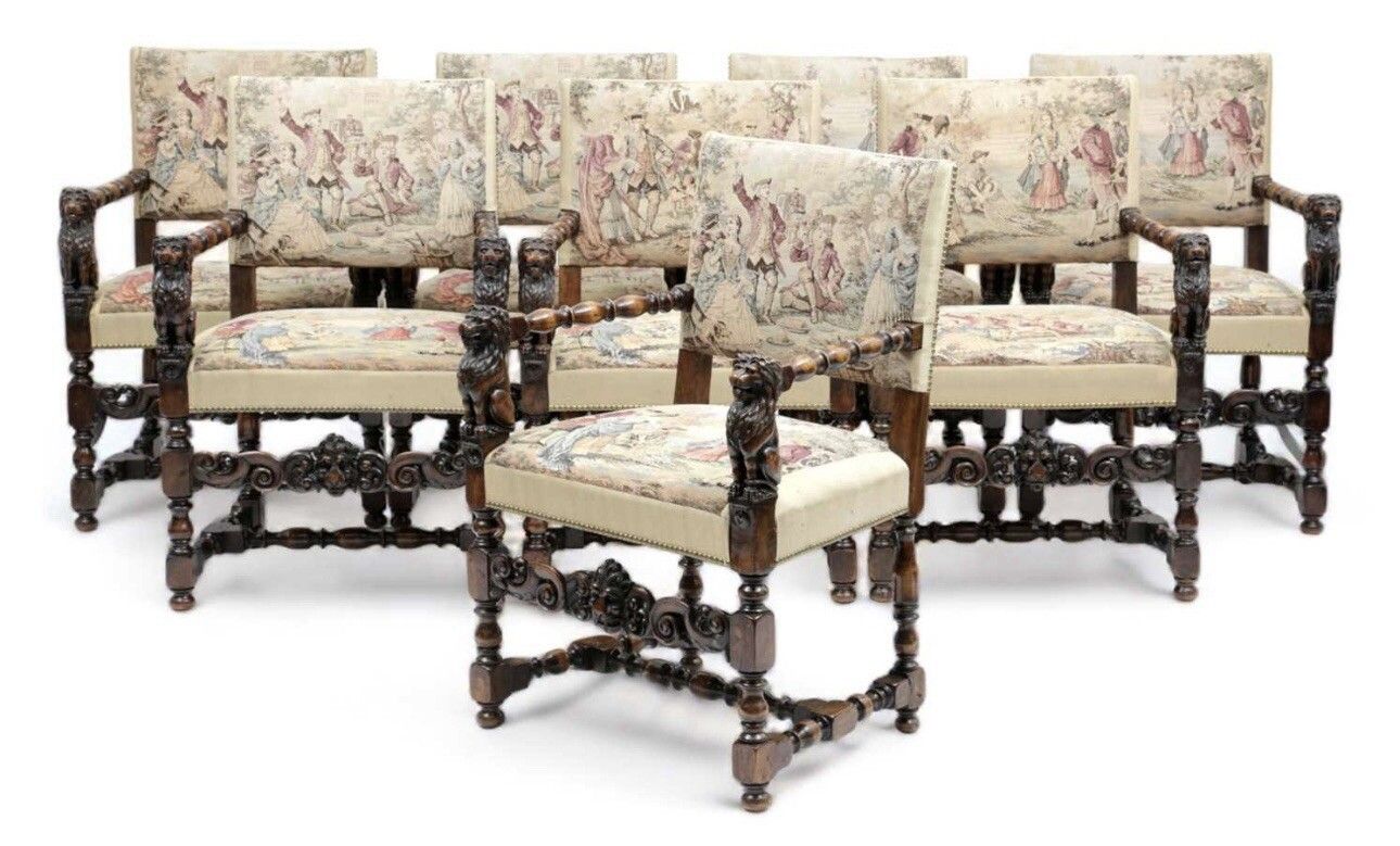 Beautiful Set Of Eight Italian Walnut Dining Armchairs In Renaissance Style