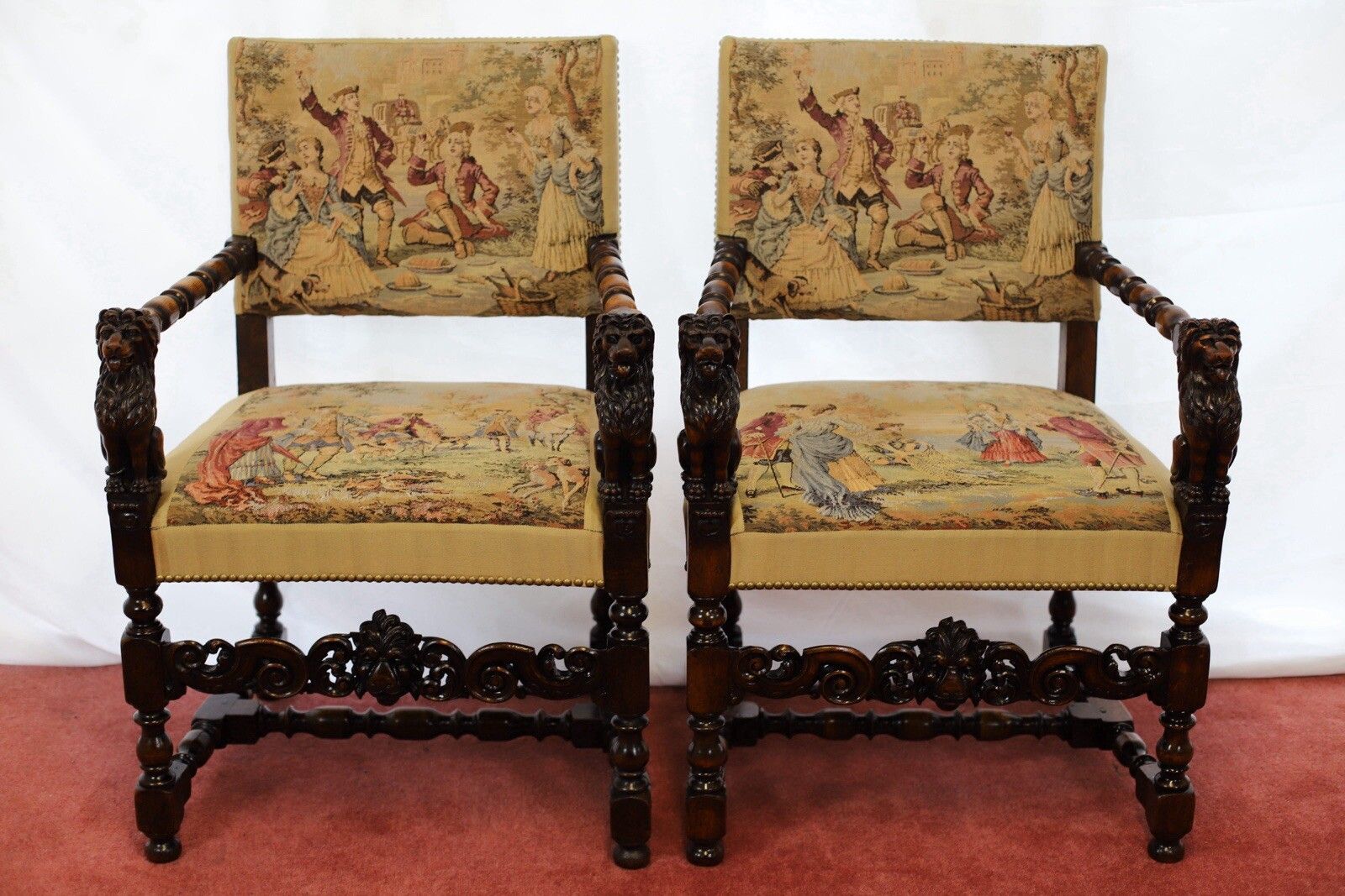 Beautiful Set Of Eight Italian Walnut Dining Armchairs In Renaissance Style photo vintage