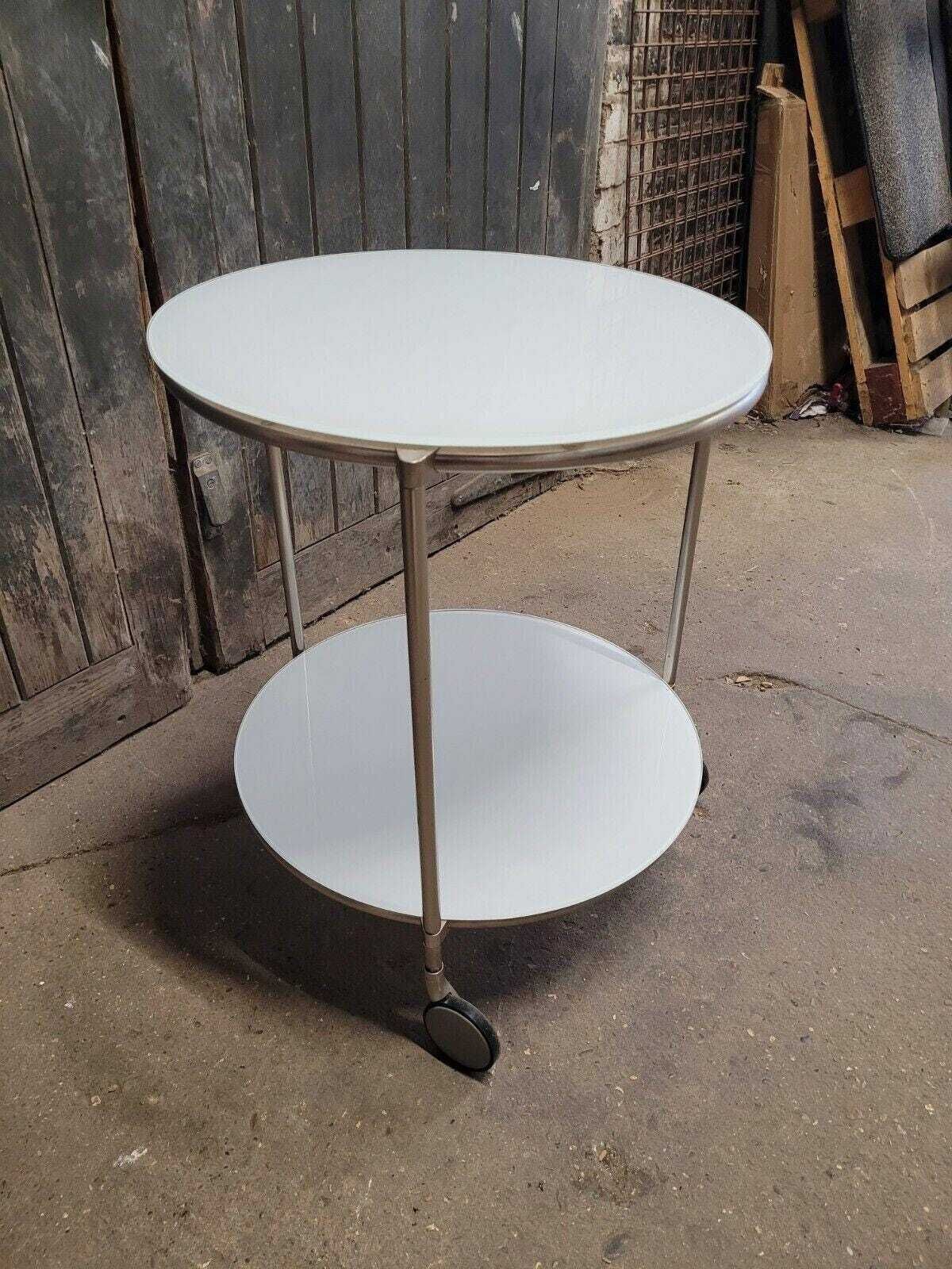 Vintage Ikea Strind White Glass & Metal Rolling Side Table photo Furniture