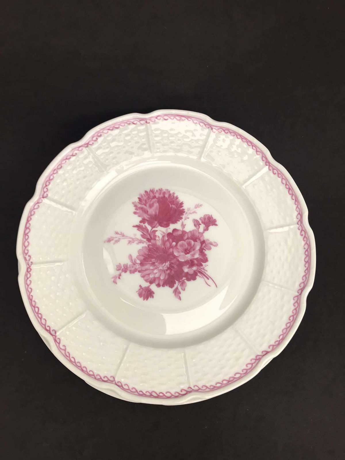 Porcelain Limoges Set 5 Raynaud & Co Fuchsia Flowers Pink Romantic Entremets Salad Dessert Plates White French Vintage Wedding Luxury photo vintage