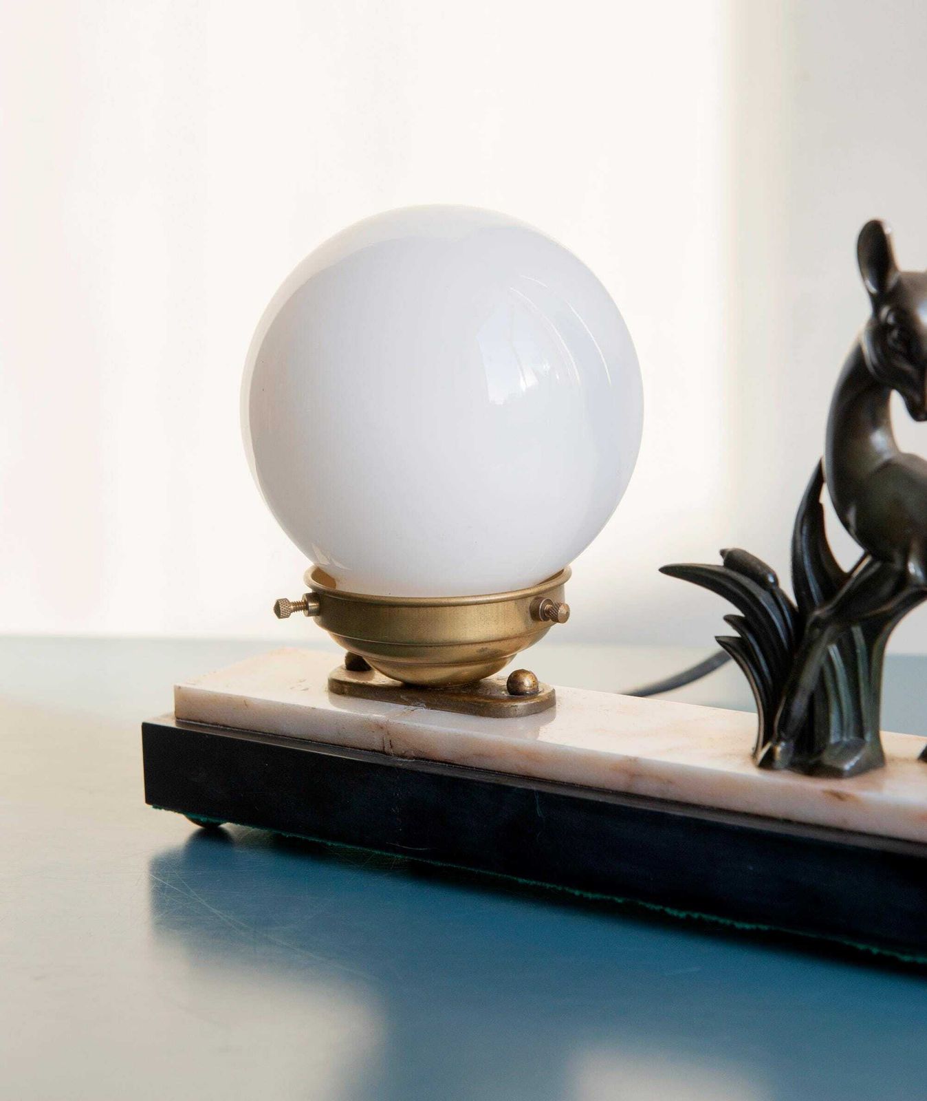 Art Deco Copper Deer Lamp, Marble Base, French Milk Glass Globe Lamp, Decorative Antique Table Lamp, 1930s photo buy