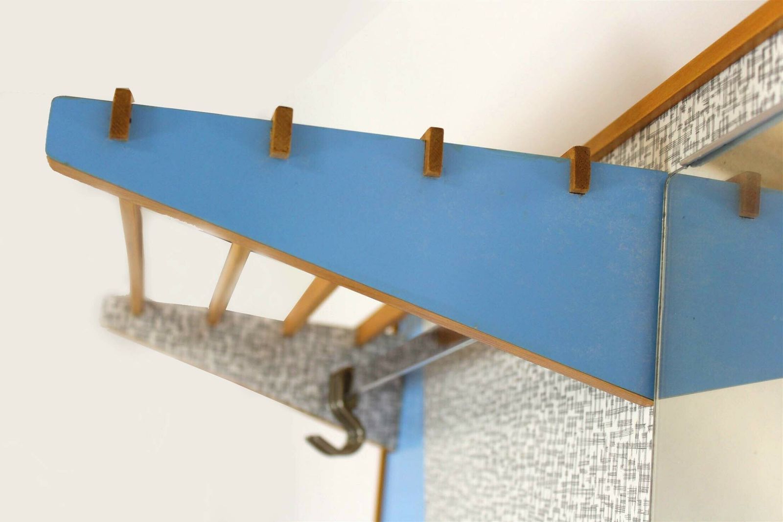980.0 Restored Vintage Blue & Grey Geometric Coat Rack From Drevokov Blatna, 1972 photo
