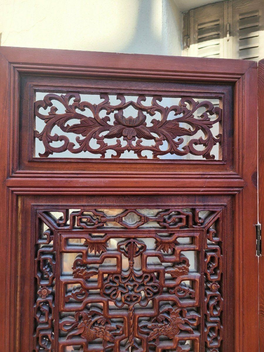 Large Carved Wooden Screen And Mirror, Asia, 20th Century photo vinterior